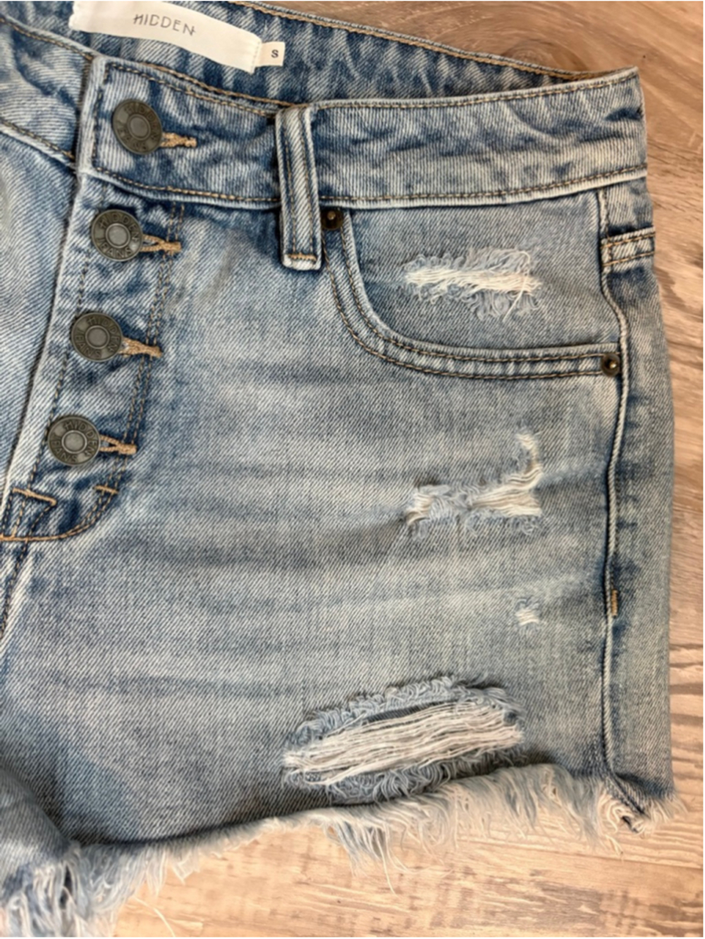 Hidden Jeans Distressed High Rise Denim Shorts Button Fly Light Wash S - Picture 6 of 12